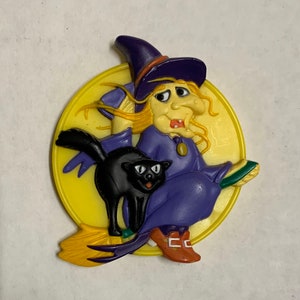 Magnete da frigorifero strega gatto nero anni '80 porta memo in plastica magnetico 1988 retrò Halloween Hallmark Heartline funky cucina ufficio dormitorio
