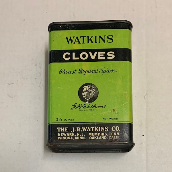 J R Watkins Co Spice Tin Cloves vintage 3 1/4 oz green black 1/3 full cooking kitchen advertising Memphis Tn Newark NJ Winona MN Oakland CA
