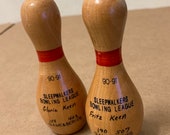 Wooden mini Bowling Pin Pair 1990 1991 wood bowler miniature league vintage trophy Sleepwalkers League Game Series Fritz Keen Gloria 4 quot tall