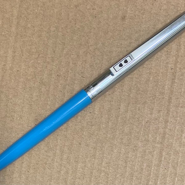 Paper Mate vintage Double Heart Profile Silver Light Blue Chrome Slim 1 Grip Ball Point Ink Pen working USA office handsome rib lined barrel