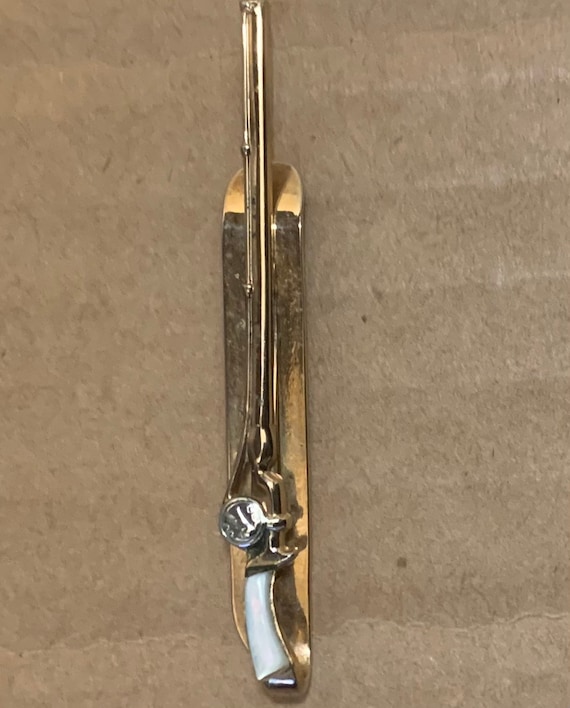 Fishing Rod Tie Pin Swank Vintage Jewelry Bar Clasp Clip MOP