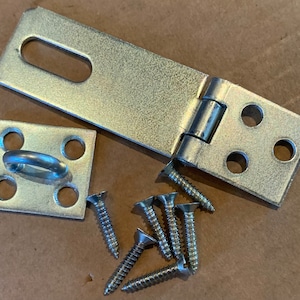 May include: A silver metal hasp with a rectangular plate and a hinged section. The hasp has four holes for screws. A smaller silver metal plate with a ring in the center and four holes for screws is also included. Six silver screws are included.
