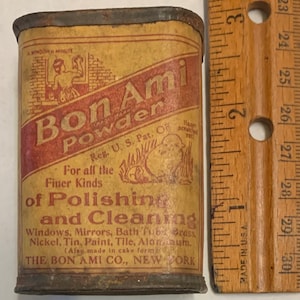 Antique Bon Ami Powder Tin sealed Full NY USA Small Size Traveling Salesman peddler Sample give away promo ad advertising cleaner art deco