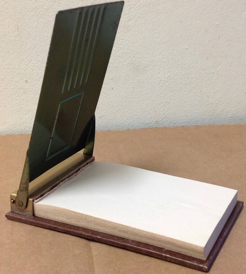 Desk top note pad Holder Nautical Mid Century 1950's tall ship green gold tone vintage office boat flip top metal binder rare phone table image 4