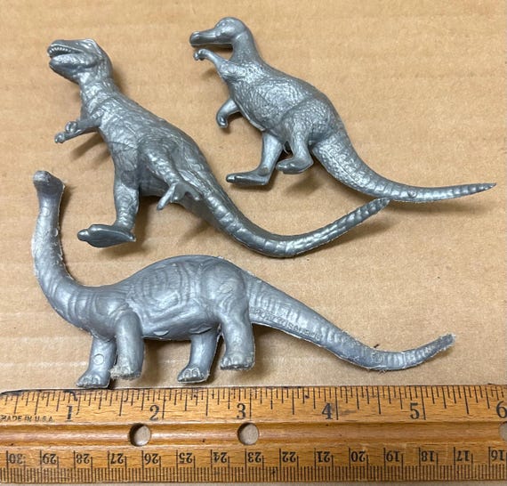 MPC Silver Dinosaur Lot 3 Vintage Plastic Toy Figures 1960's