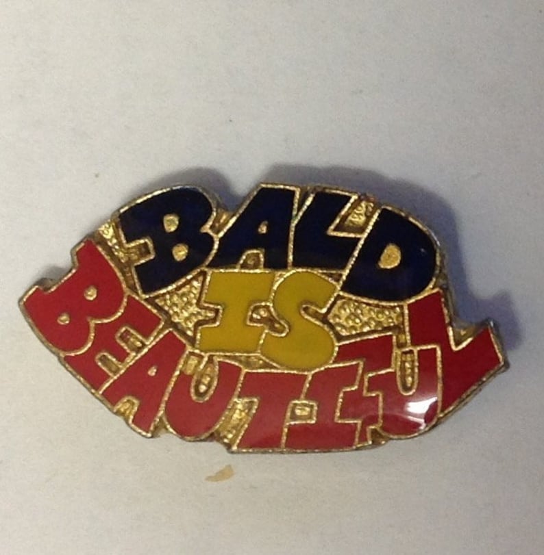 1980's Pin BALD IS BEAUTIFUL humor men man no hair joke Gen X office gym trucker vintage hat lapel enamel retro metal shaved aging funny image 1