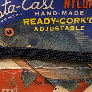 May include: A vintage fishing line package with a black nylon line, a fish illustration, and the text "esta-Cast NYLON. REG. U. S. PAT. OFF. HAND-MADE READY-CORK'D ADJUSTABLE for BREAM or BASS 20 FEET".