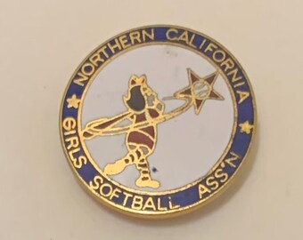 Vintage NOR CAL Girl's Softball Assn Pin Northern California Association hat lapel enamel women's sport retro brass metal round 7/8" HTF