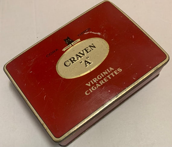 Vintage Craven A Cork Tip Cigarettes Flat 100 Tin EMPTY No Tobacco Red  Black Cat Logo London England Smoking Collectible Desk Top Ad