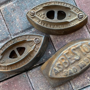 Old Hand Iron lot of 3 Farm altered art antique USA Steampunk Industrial steel Asbestos Sad Enterprise 55 AC Williams heavy metal vintage