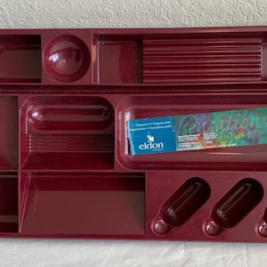 Modern 1990&#39;s desk top tray vintage burgundy Newell Eldon pencil pen holder organizer plastic caddy office home dorm USA 1998 Sensations