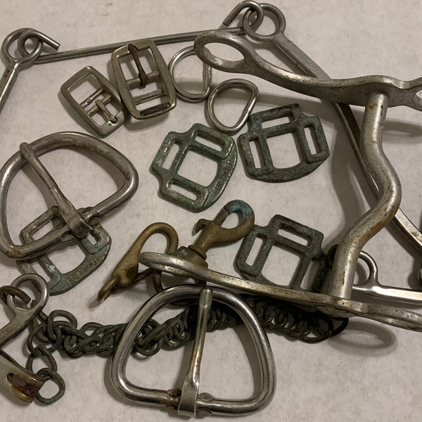 Vintage Brass Nickel D Rings Buckles Bridle Bit Halter Square Western Saddle Tack Lot Stable reclaimed from worn horse barn riding equipment