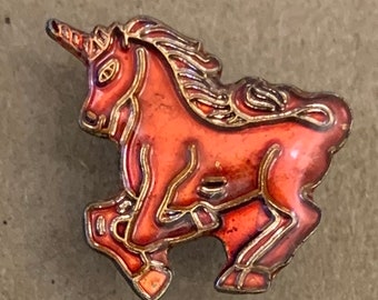 Unicorn Pin red 1980's rare vintage lapel enamel retro metal fired on paint fantasy horse brooch novelty hat 3/4" X 3/4" hard to find design