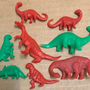 Vintage Timmee Dinosaur Lot Small Green Red Plastic Figures play set Toys 1960&#39;s prehistoric Ankylosaurs Brontosaurus Triceratops Trachodon