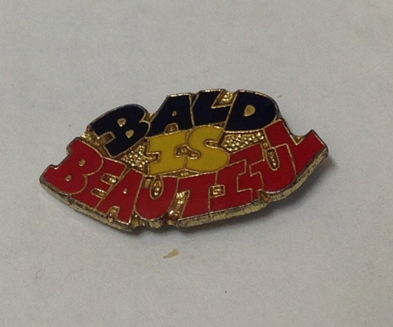 1980's Pin BALD IS BEAUTIFUL humor men man no hair joke Gen X office gym trucker vintage hat lapel enamel retro metal shaved aging funny image 2