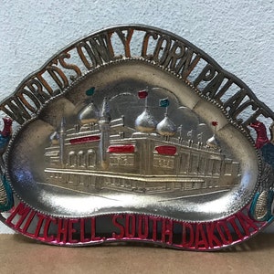Mitchell South Dakota souvenir vintage tray pot metal 1950s Japan Worlds Only Corn Palace tourist trap travel gift shop embossed