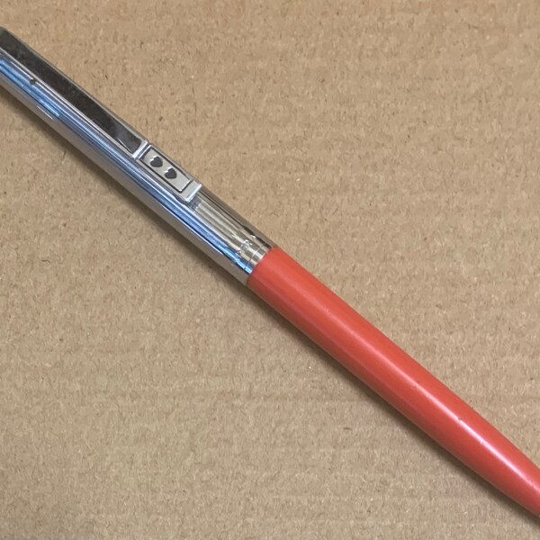 Paper Mate vintage Double Heart Profile Red Silver Chrome Slim Grip 1 Ball Point Pen working USA rib lined top bright nice click action