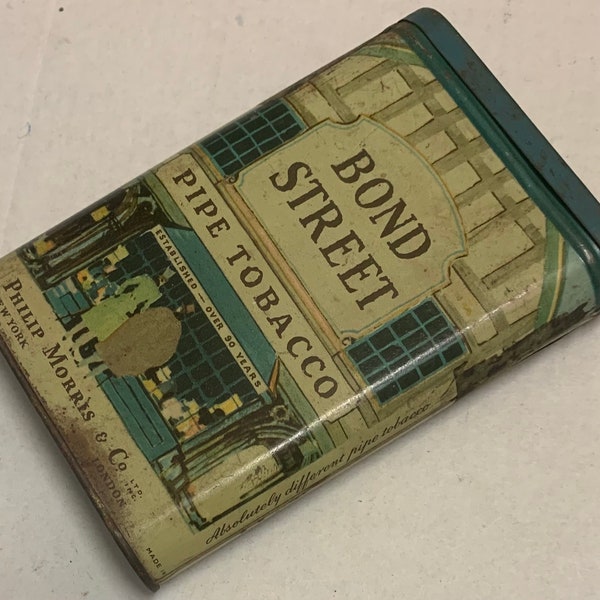 Vintage Tin Bond Street Pipe Tobacco Pocket Vest Can EMPTY Phillip Morris USA General Store Advertising Metal Cigarette Case Stash Box prop