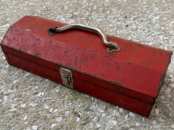 Metal Tombstone Tool Box Chipped Red Paint Original Vintage 15X6X4