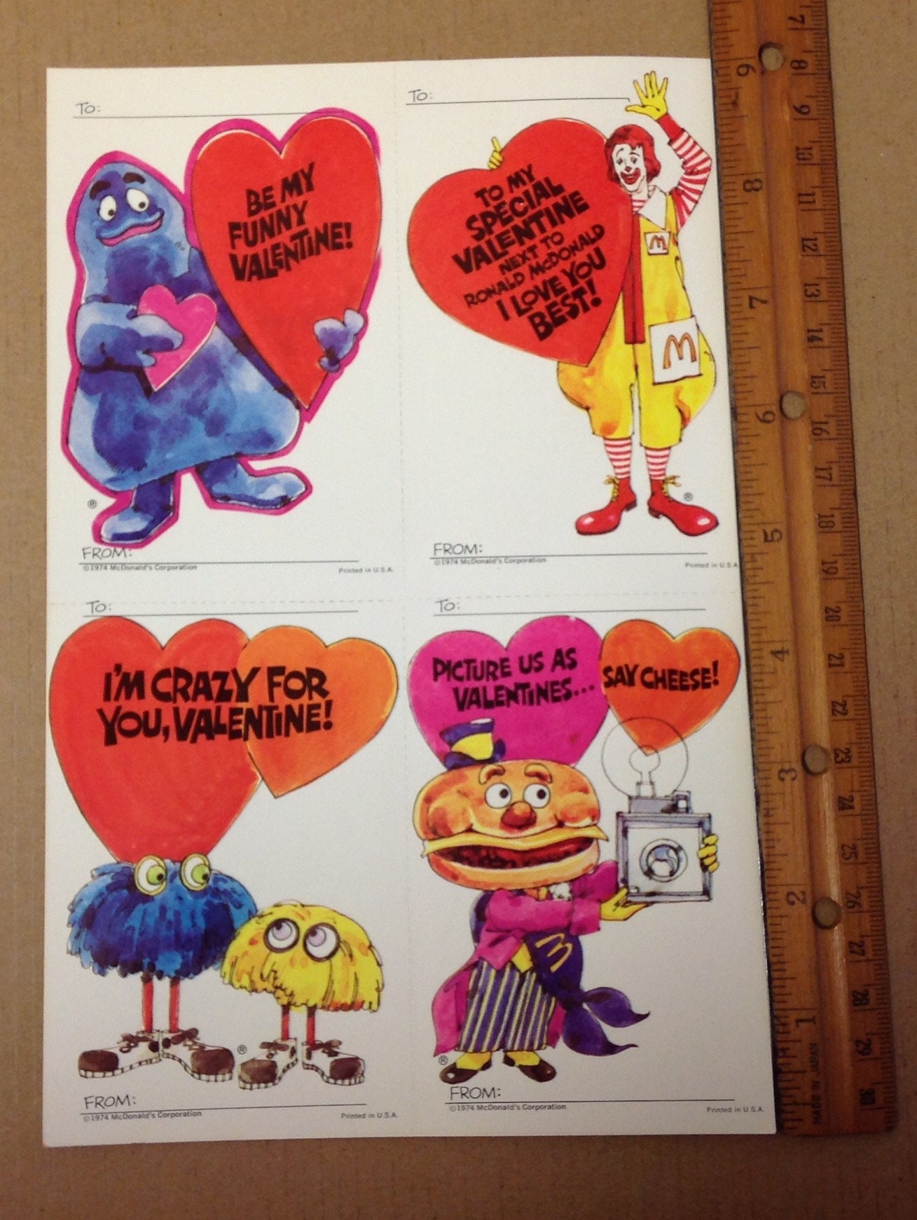1970's Mcdonald's Valentine Cards 1974 Characters Sheet of 4 Uncut