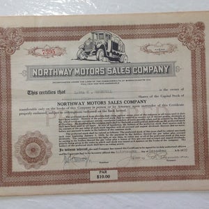 Northway Motors Stock Certificate Sales Company papel antiguo 1920 cuatro acciones número 7595 automóvil papel coleccionable logotipo de camión marrón