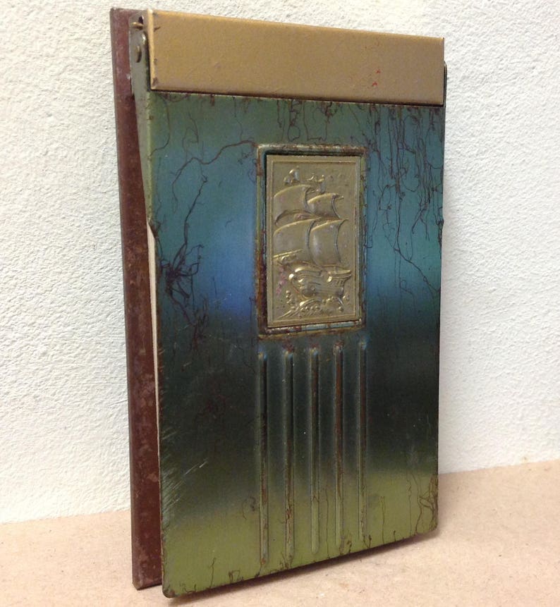 Desk top note pad Holder Nautical Mid Century 1950's tall ship green gold tone vintage office boat flip top metal binder rare phone table image 2