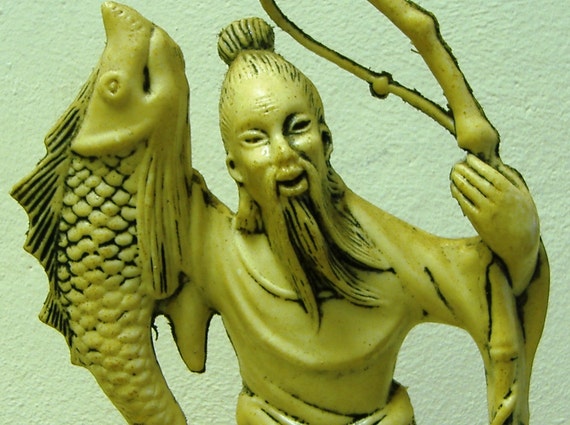 Vintage Asian Fisherman Figure Zen Hunter Man Fish Kawaii Monk Statue Resin  Plastic Kitsch Decor Figurine 10 Ancient Fishing Statue Mold 