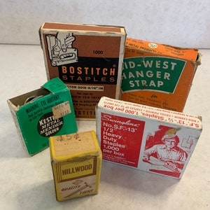 Vintage advertising hardware boxes work shop w/ contents Hillwood tack nails Kester solder Swingline staples mid-West Hangar Strap Bostitch