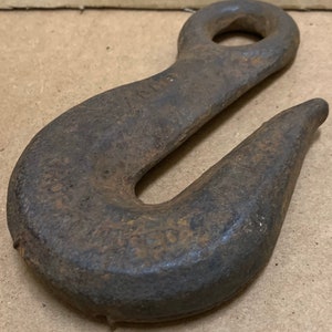 Hook Rusty steel 6&quot; heavy duty 1/2 ACCO 45 Drop Forged wear patina industrial vintage USA lift sort grab tow farm wall decor barn lifting