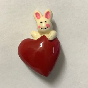 1980&#39;s Rabbit Red Heart PIN vintage hat lapel retro old gift shop whimsical colorful girly girl White Bunny Valentines Day Love cute brooch