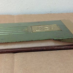 Desk top note pad Holder Nautical Mid Century 1950's tall ship green gold tone vintage office boat flip top metal binder rare phone table image 6