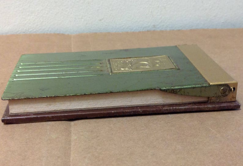 Desk top note pad Holder Nautical Mid Century 1950's tall ship green gold tone vintage office boat flip top metal binder rare phone table image 6