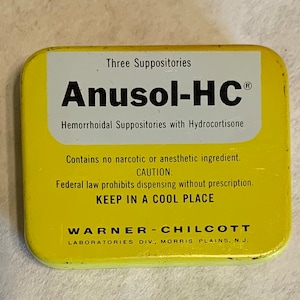 Old Anusol-HC Tin medicine Suppository PRODUCT PRESENT travel 1st Aid Kit vintage prop curio pocket Sample Hemorrhoidal Warner Chilcott ad