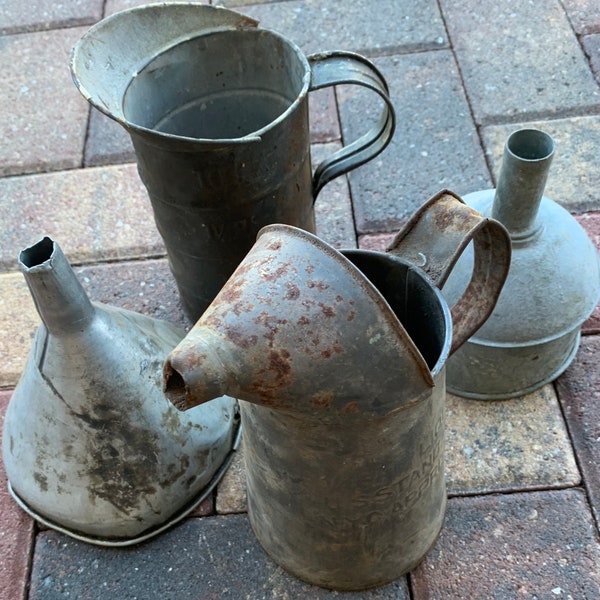 Vintage Galvanized Steel Oil Funnel Can lot Barn Tractor Farm tool mechanics altered art machine garage rat rod prop measuring fluid USA