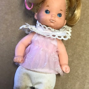 Mattel Happy Family Baby girl 1970’s small Doll blonde hair  blue eyes vinyl plastic miniature 4 1/2 inches vintage Philippines house 70s