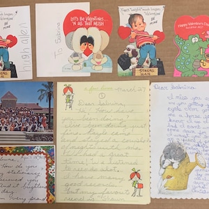 Tarjetas de San Valentín de los años 70, personajes escolares, hombre fuerte, levantador de pesas, esquimal, caimán, saxofón, correspondencia, chica, cartas vintage de los años 70