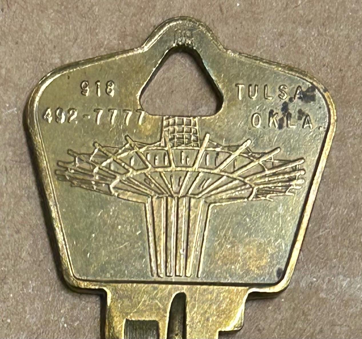 Vintage PRAYER ROOM Key Oral Roberts ornate flat true vintage art brass metal ORU Tower Tulsa Okla Oklahoma religious Christian University