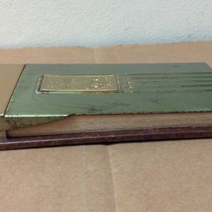 Desk top note pad Holder Nautical Mid Century 1950's tall ship green gold tone vintage office boat flip top metal binder rare phone table image 8