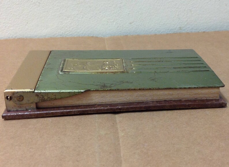 Desk top note pad Holder Nautical Mid Century 1950's tall ship green gold tone vintage office boat flip top metal binder rare phone table image 8