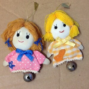 1982 Dakin Kids girls rare plush Doll lot Christmas ornaments bottom bells pair Vintage gold foil Korea labels hanging country cute 1980&#39;s