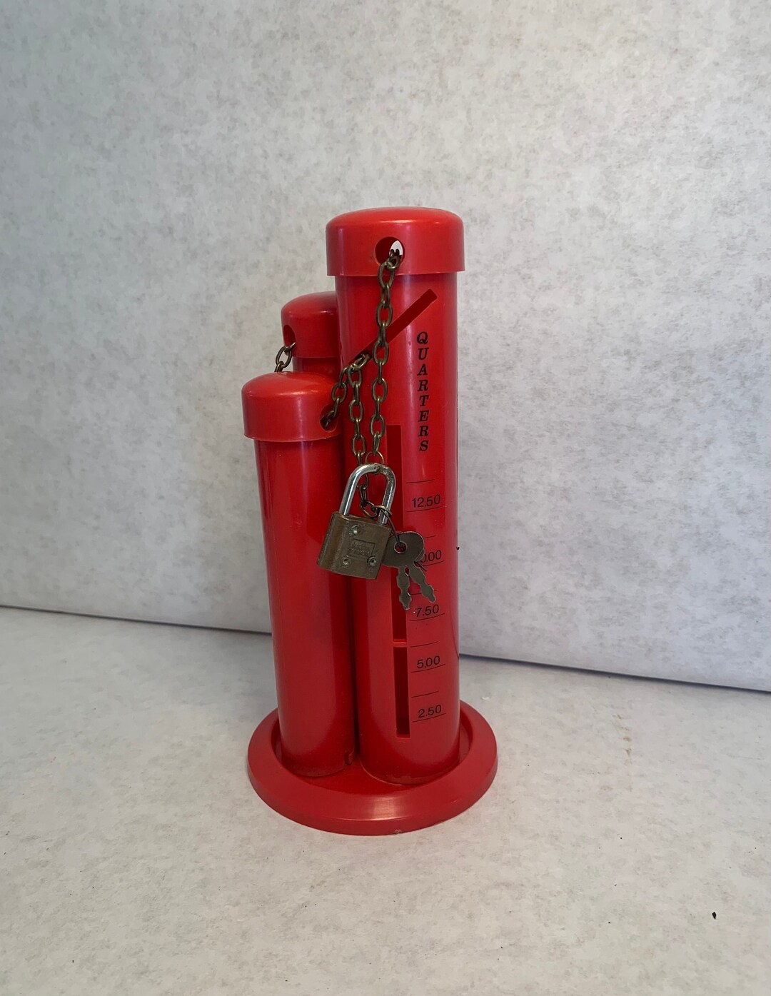 Stacking Tubes Vintage Bank Counting Coins Red Plastic Chain Lock Keys