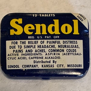 Old Sendol Aspirin Tin medicine 12 tablets travel trinket holder vintage empty prop curio pocket purse Kansas City Missouri blue CLEAN