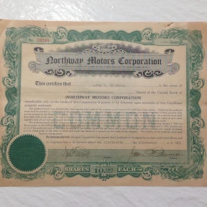 Northway Motors corporation Company Stock Certificate antique paper 1920 three share number 20248 auto car truck collectible historic green
