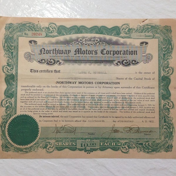 Northway Motors corporation Company Stock Certificate antique paper 1920 three share number 20248 auto car truck collectible historic green