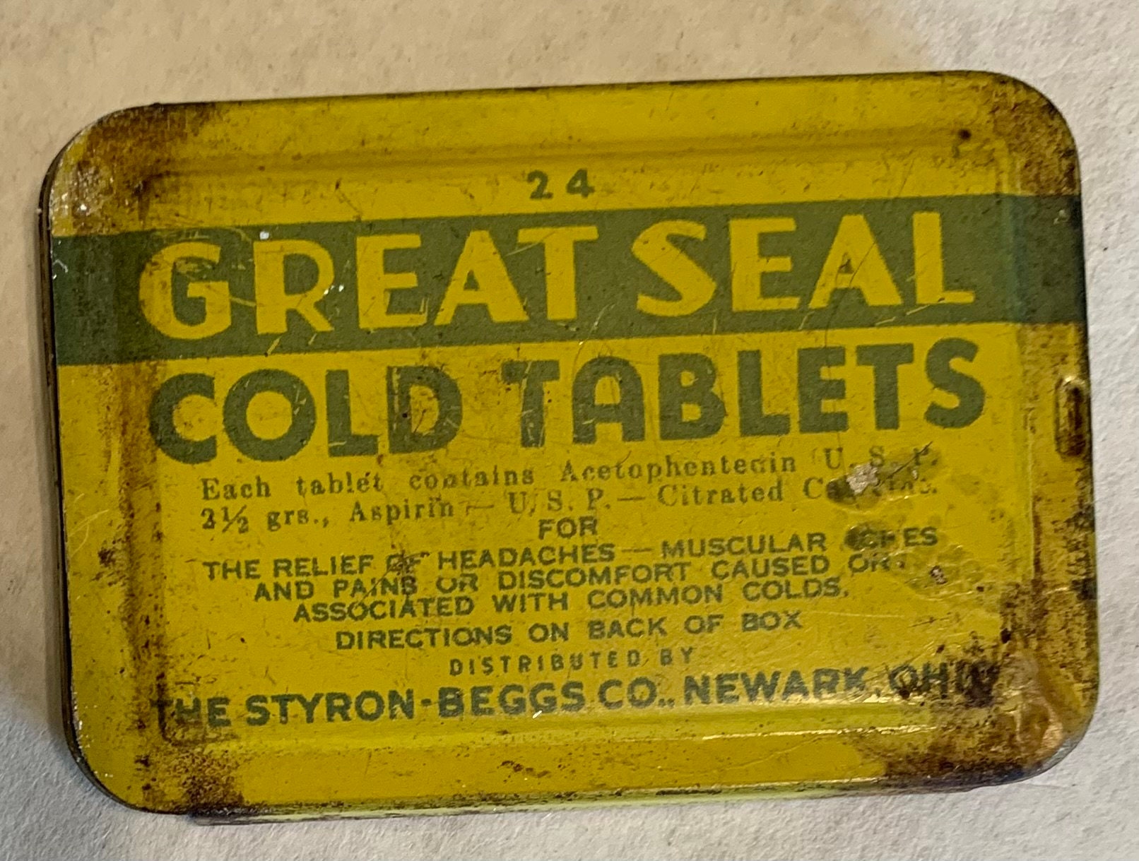 Old Great Seal Cold Tablets Aspirin Tin 24 FULL Medicine image pic picture