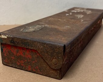 Metal Williams tool box long narrow old chipped red paint rectangle shape USA rusty salvage socket wrench holder vintage 10 X 3 X 1.5