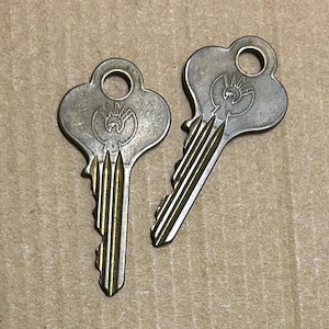 Antique Keys Eagle Lock and Screw Co matching Pair ornate flat true vintage brass lot of 2 Terryville Conn USA Ct vintage art metal hardware