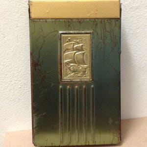 Desk top note pad Holder Nautical Mid Century 1950's tall ship green gold tone vintage office boat flip top metal binder rare phone table image 1