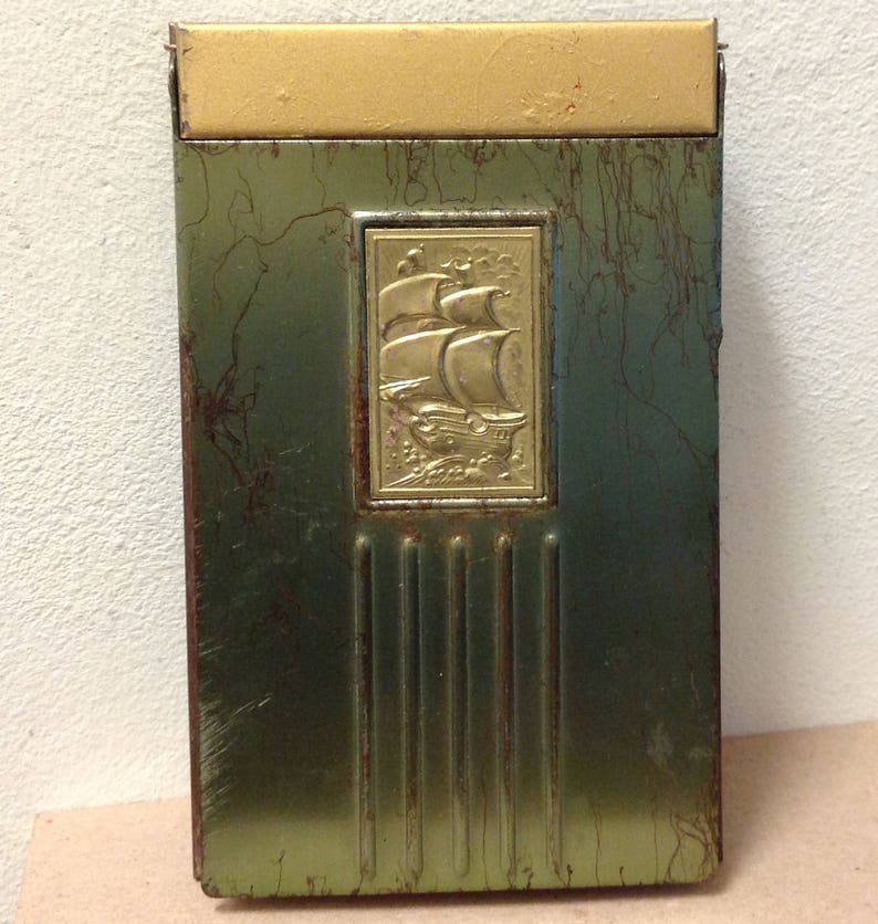 Desk top note pad Holder Nautical Mid Century 1950's tall ship green gold tone vintage office boat flip top metal binder rare phone table image 1