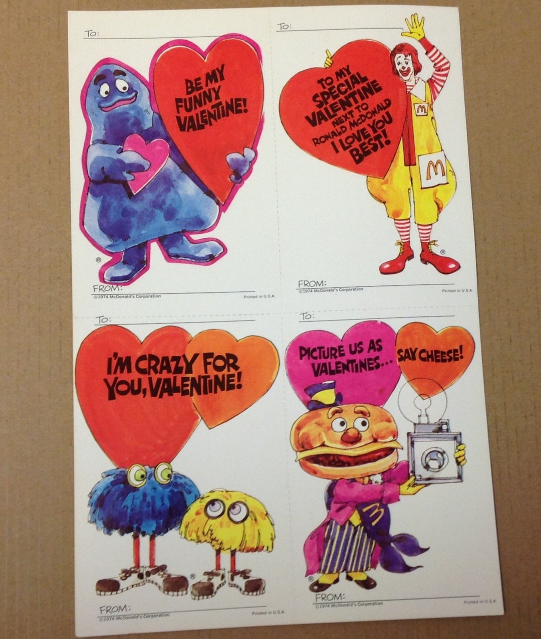 1970's Mcdonald's Valentine Cards 1974 Characters Sheet of 4 Uncut
